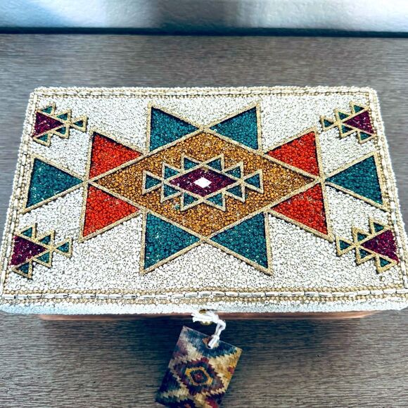 Southwest Western Aztec Tribal Beaded Teal Orange Gold Decor Storage Box - Picture 1 of 5